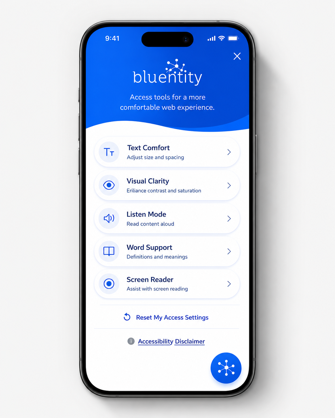 Mobile phone mockup displaying the Blue Entity accessibility widget with options for text comfort, visual clarity, listen mode, word support, screen reader, reset settings, and accessibility disclaimer.